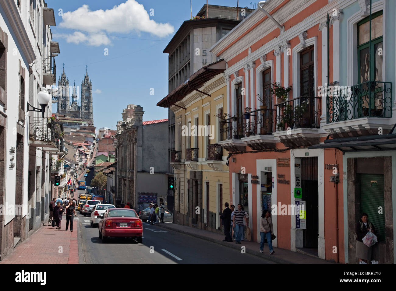 Ecuador, A street scene in the centre of Quito, Catholic Cathedral the background. Stock Photo