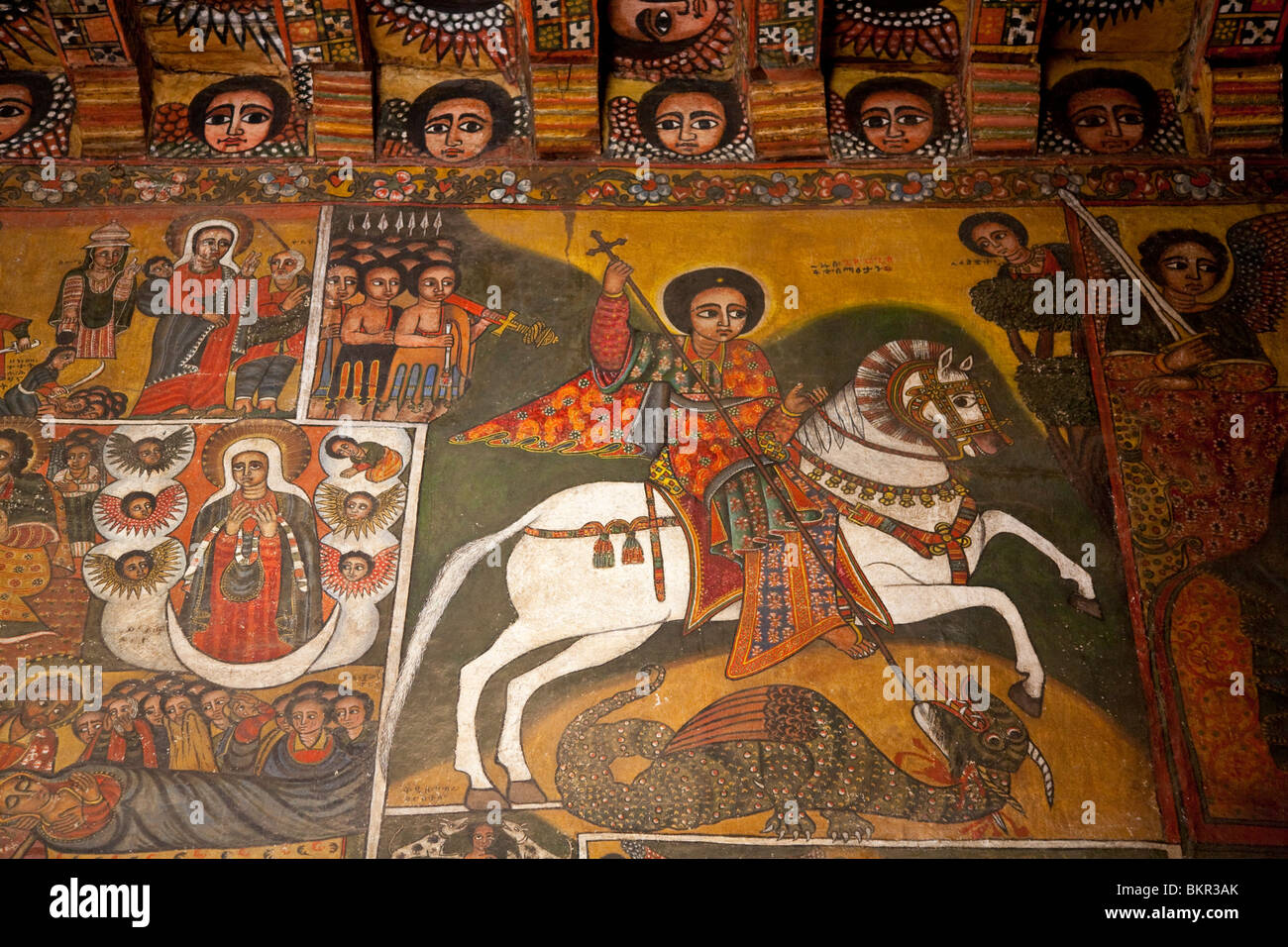 Ethiopia, Gondar, Debre Birhan Selassie Church. Ancient paintings adorn the interior of this famous church. Stock Photo