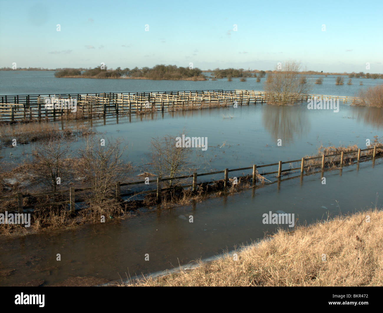 Welney, Old Bedford River and New Bedford River floods blocking the road to the village of Welney. Stock Photo