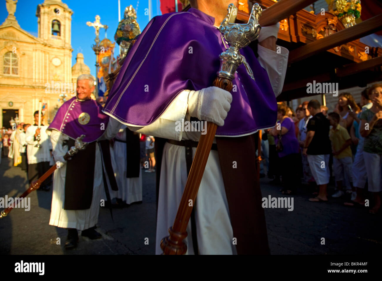Malta, Zurrieq; A man holds a 'forcina' used to hold the saint statue, the feast dedicated to the patron Saint. Stock Photo