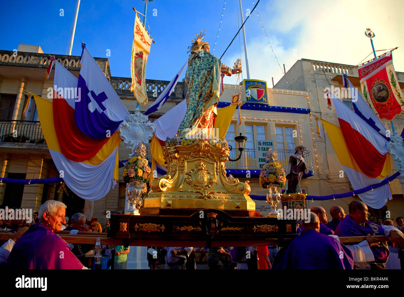 Malta, Zurrieq; The statue of the patron saint, Madonna is carried during the annual religious parade. Stock Photo