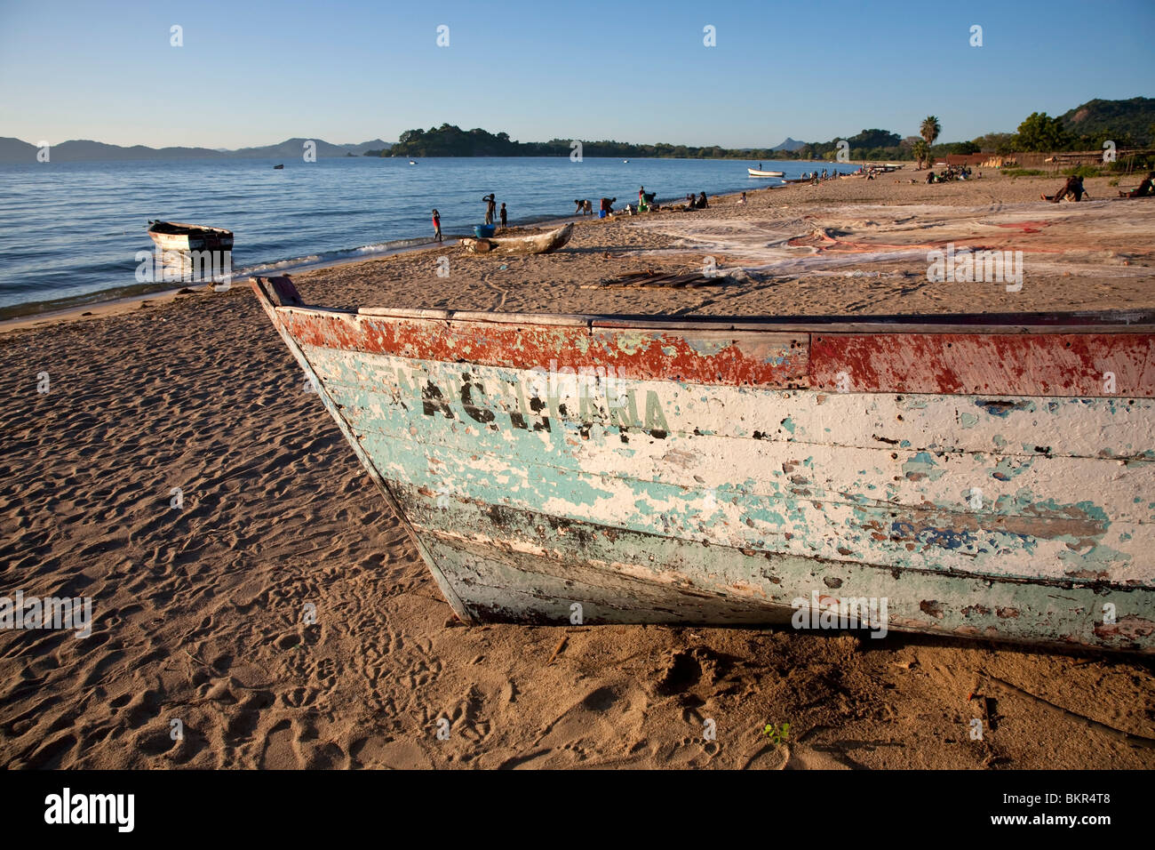 Malawi, Monkey Bay. An old fishing boat on the beach of Lake Malawi