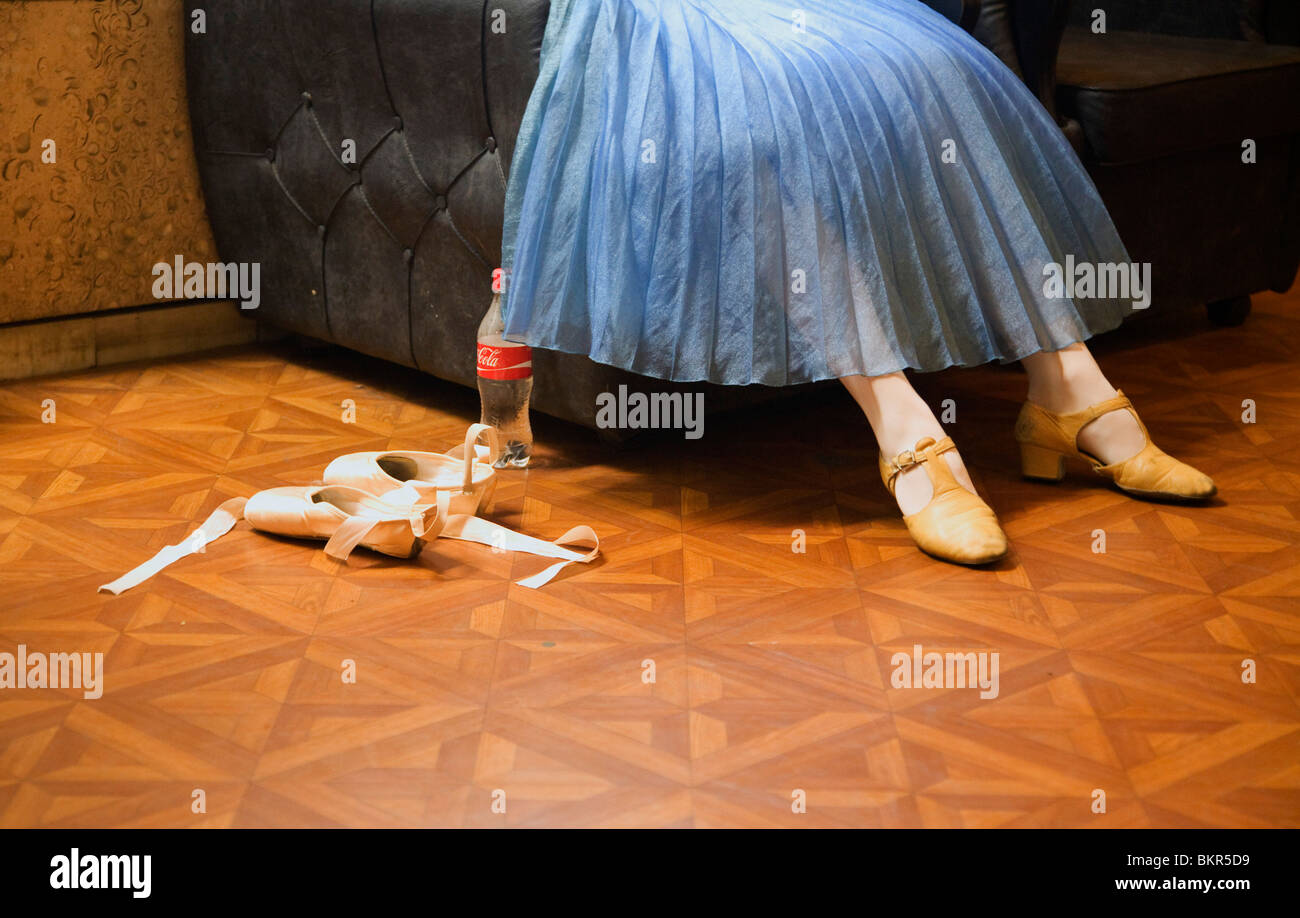 Russia, St.Petersburg; Detail of ballet shoes and ballerina's legs. Stock Photo