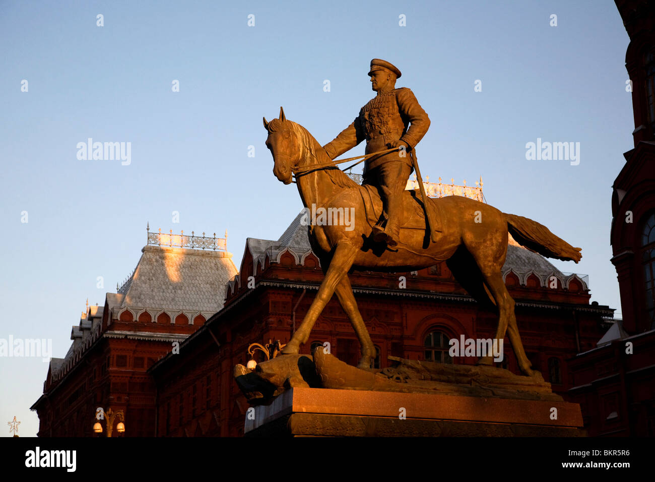 Russia, Moscow; Marshal Zhukov with his horse stepping on Nazi emblems, to commemorate the Soviet victory over Nazism in WW2. Stock Photo