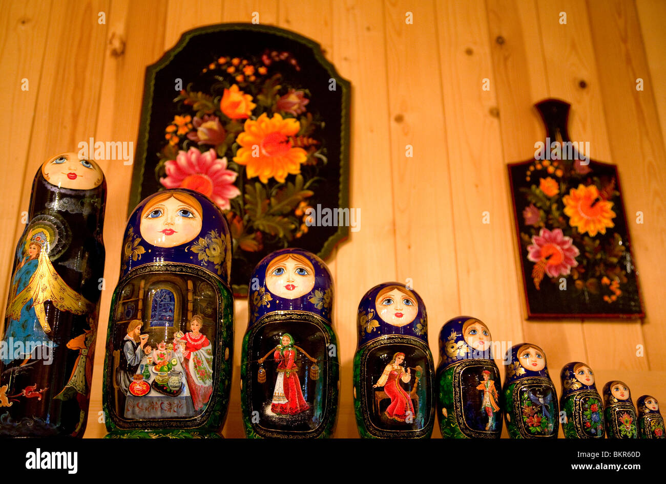 Russia, Leningrad Region, Podporozhsky. In Mandrogi, a crafts village on the Svir river. Matryshka Dolls. Stock Photo