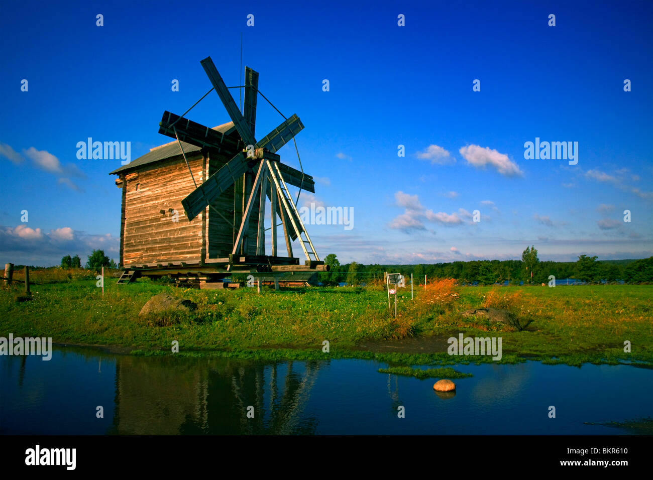 Russia; Karelia; Kizhi Island; A windmill built in the traditional Russian Architectural style on Kizhi Island. Stock Photo