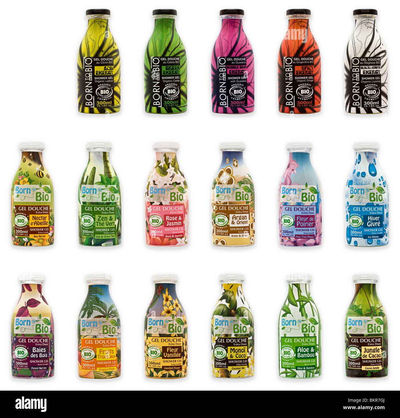 A wide range of bottles of an organic shower gel of the "Born to Bio" brand  (France). Gamme de gels douche bio "Born To Bio Stock Photo - Alamy