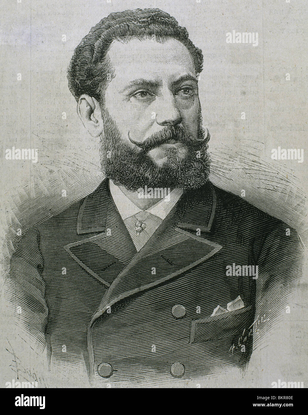 Ordonez Gonzalez, Ezekiel (1844 -1918). Spanish politician, lawyer and writer. Engraving by Carretero. Stock Photo
