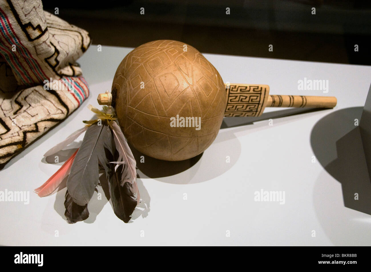 wooden maraca pens fiber and Xingu Indians of Brazil Basin Karaja Stock Photo