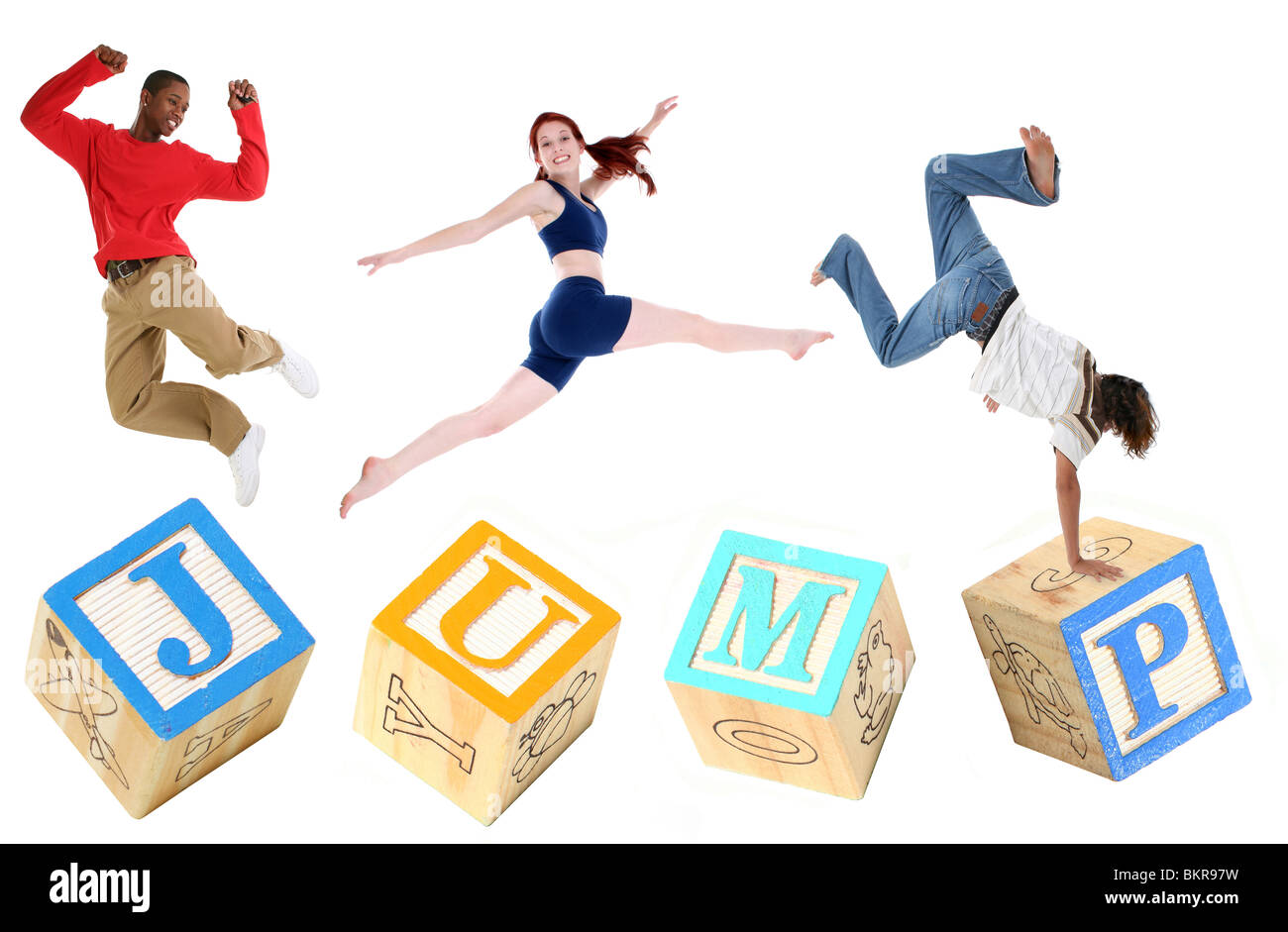 Colorful wooden alphabet blocks spelling the word JUMP over white with