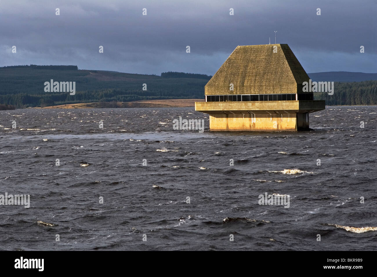 Kielder Water reservoir and dam with close view of valve tower Stock