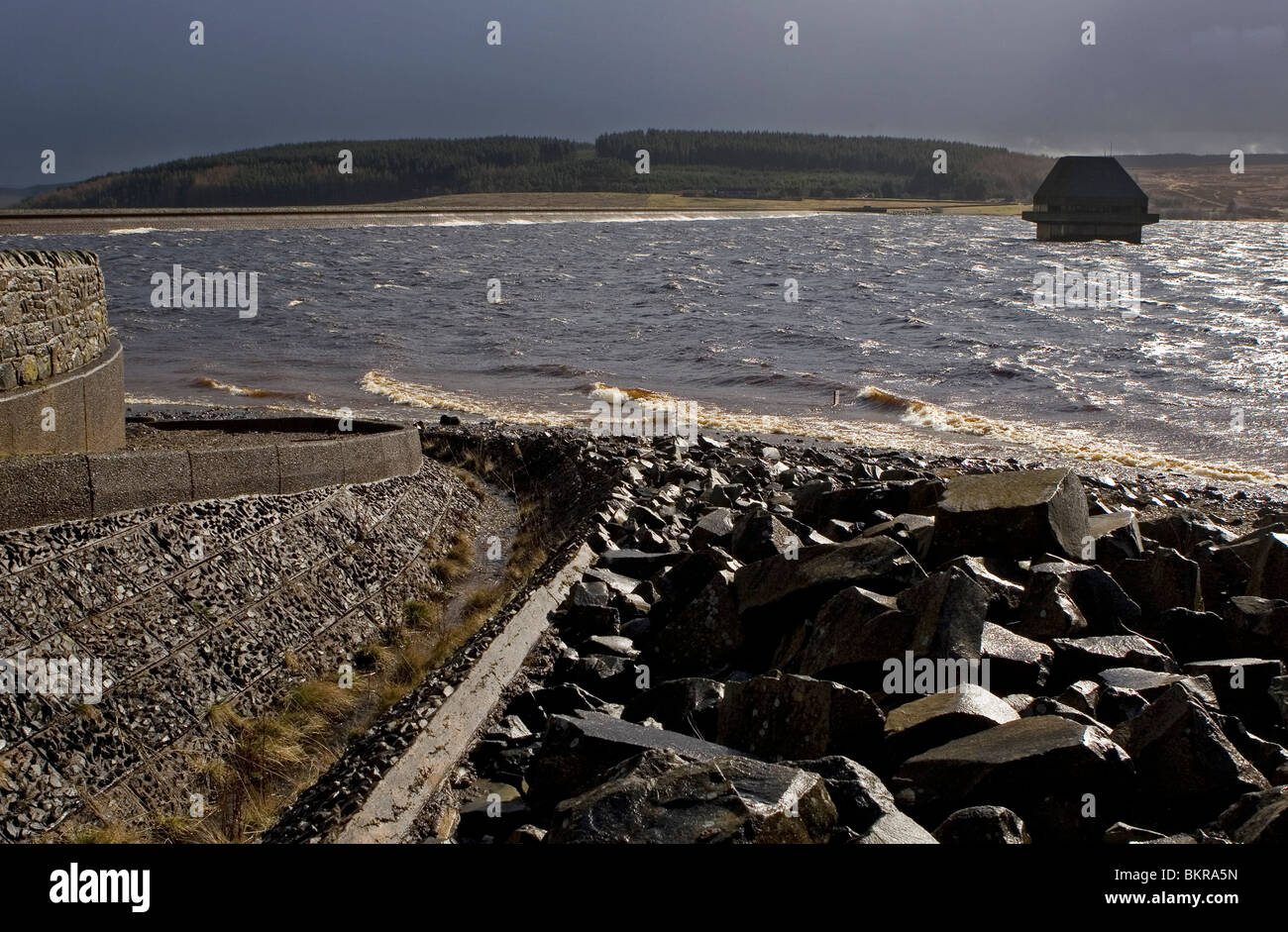 Kielder Water reservoir and dam from Yarrowmoor with valve tower in