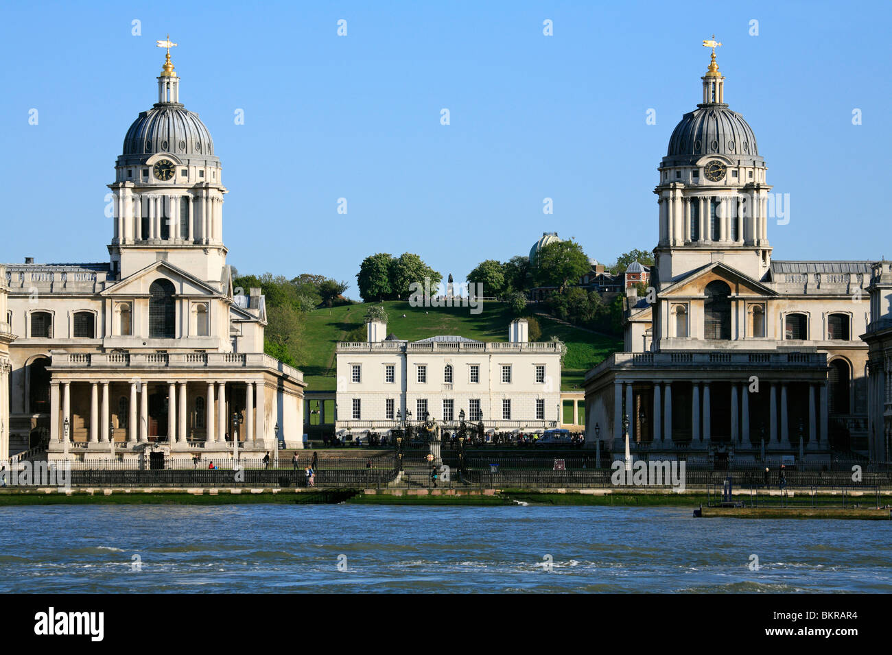 Greenwich Royal Naval College, London, from across the River Thames, Royal Observatory, Greenwich Park, Queens House in centre Stock Photo
