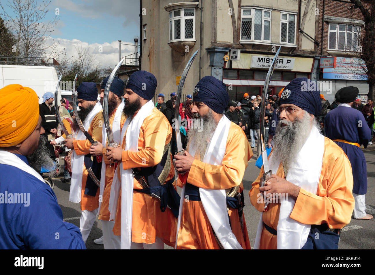 The Panj Pyara/Piara (beloved five) at  the 12th annual Vaisakhi Nagar Kirtan (procession) through Hounslow, Middx, UK. Stock Photo