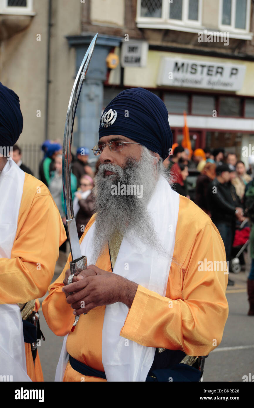 One of the Panj Pyara (beloved five) at  the 12th annual Vaisakhi Nagar Kirtan (procession) through Hounslow, Middx, UK. Stock Photo