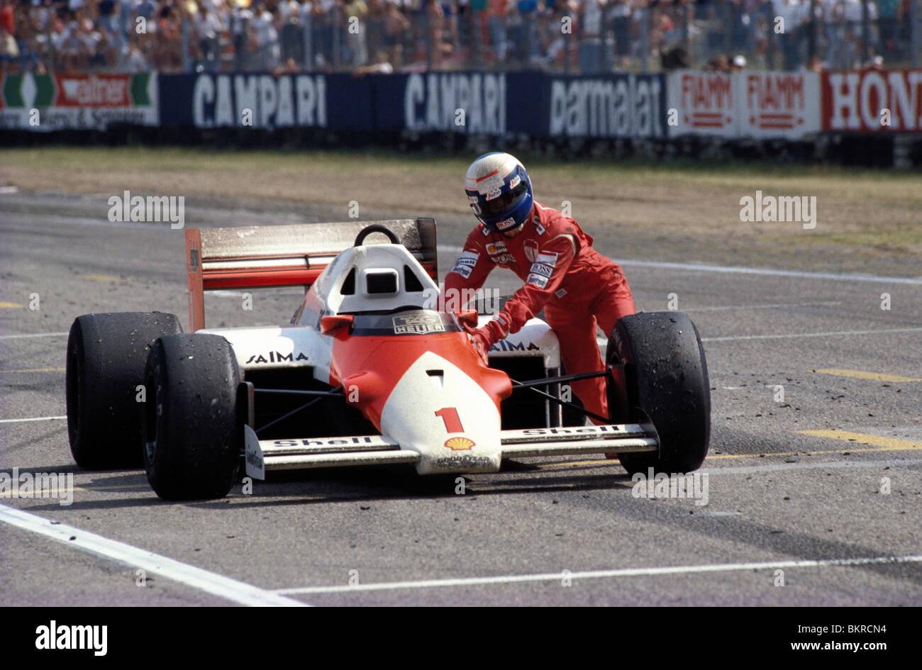 Formula One german Grand Prix Hockenheim Alain PROST (FRA) is pushing his Mc Laren without petrol over the finish line Stock Photo