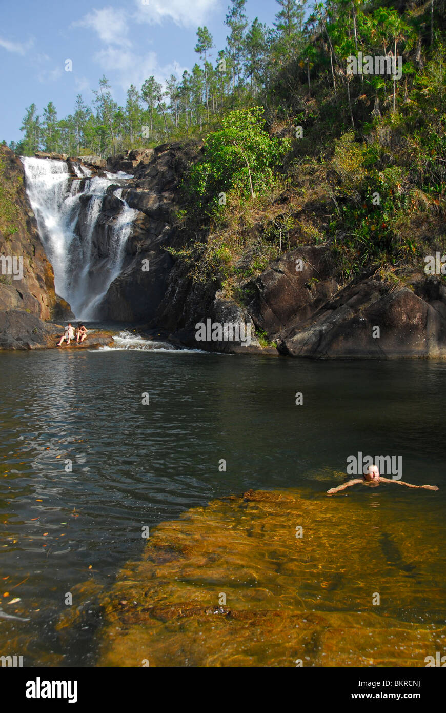 Tourists in Rio Frio waterfall area, Mountain Pine Ridge Forest Reserve, Cayo District, Maya Mountain, Belize, Central America Stock Photo