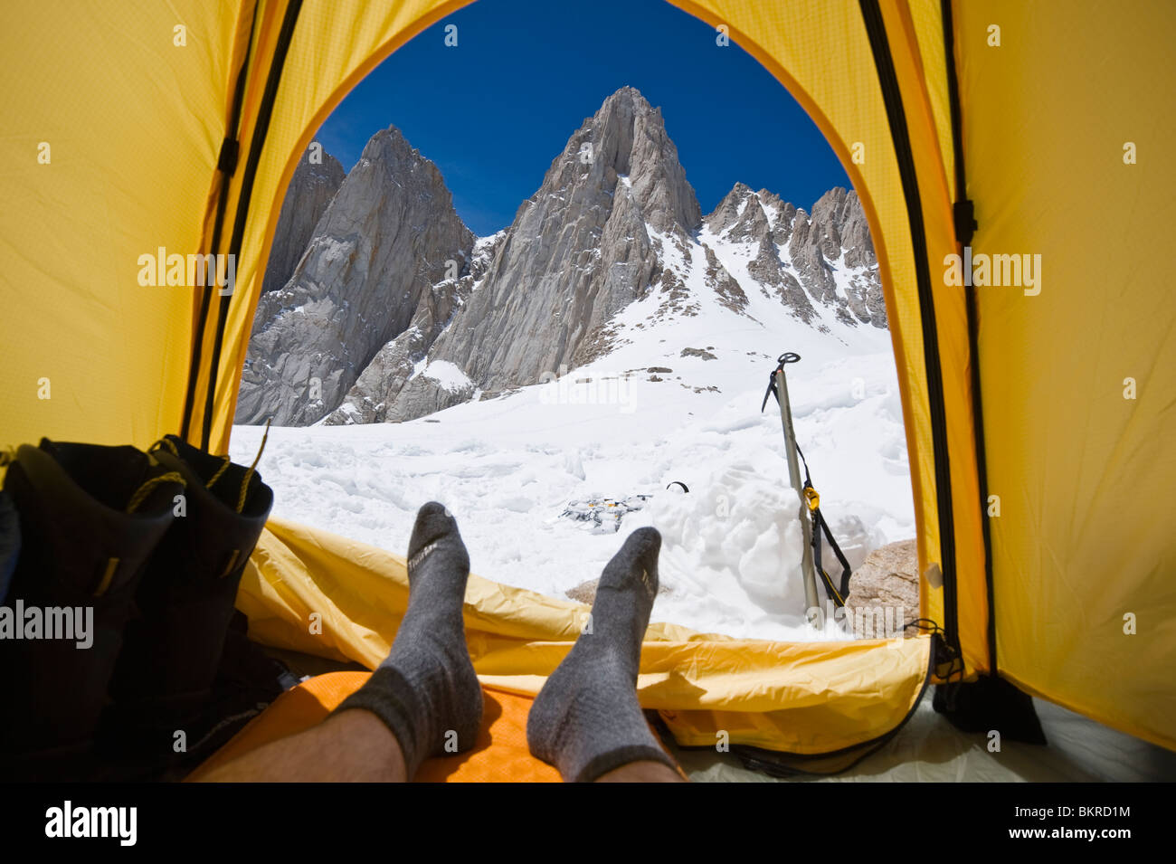 View from tent in winter campsite at Iceberg lake (12,600 ft - 3850 m) to east face of Mount Whitney, California Stock Photo