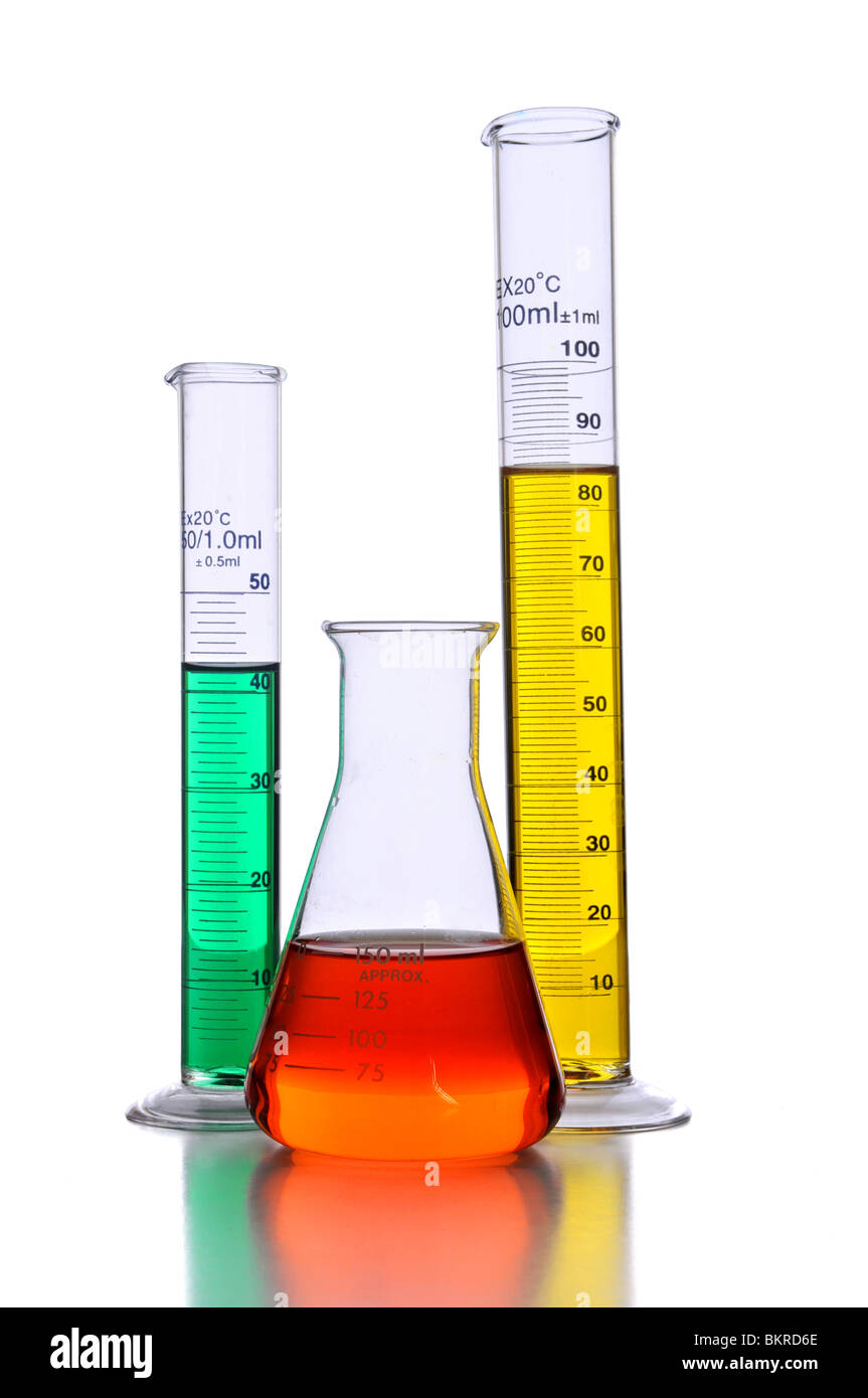 Laboratory glassware with reflections over white background - With clipping path Stock Photo