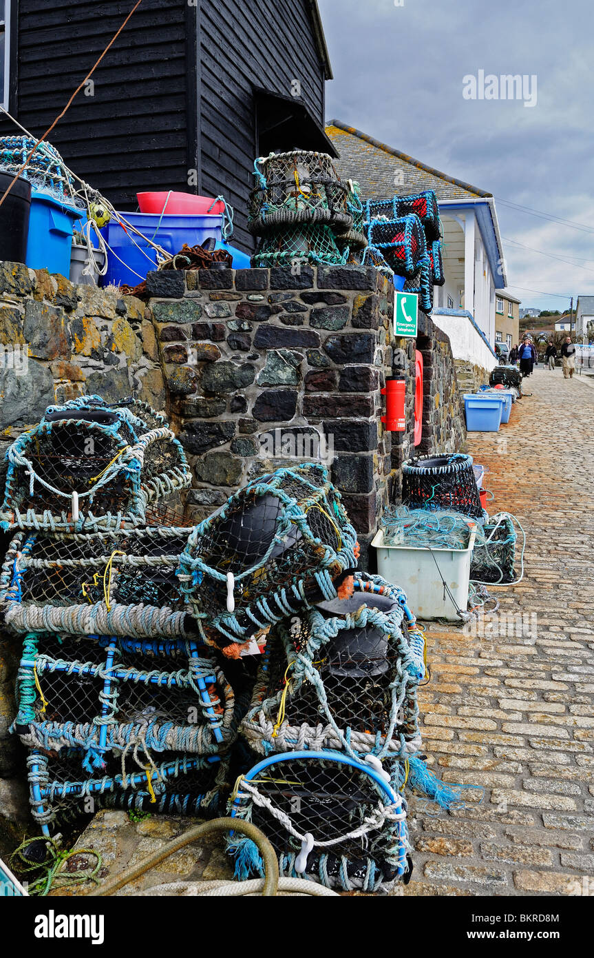 sea fishing equipment, harbourside at mullion cove in cornwall, uk Stock Photo