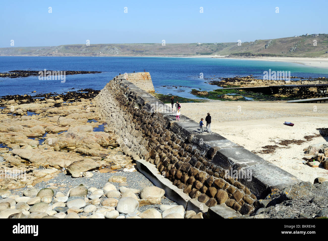 the harbour wall at sennen cove in cornwall, uk Stock Photo