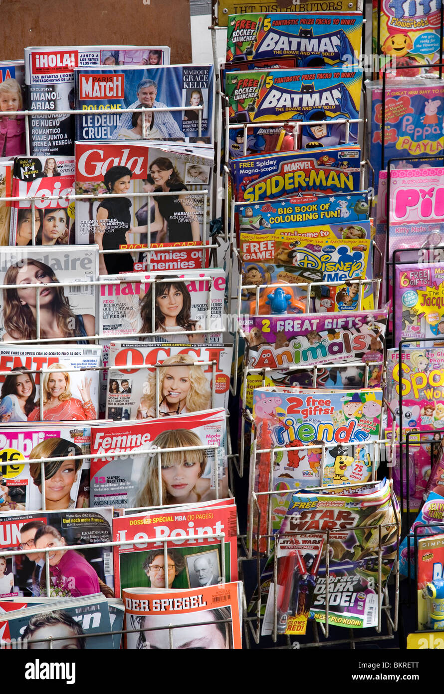 International Magazines titles on rack in London Stock Photo
