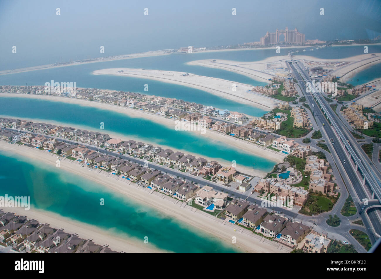 Aerial photograph of villas on the Palm Jumeirah a man-made island in Dubai UAE Stock Photo
