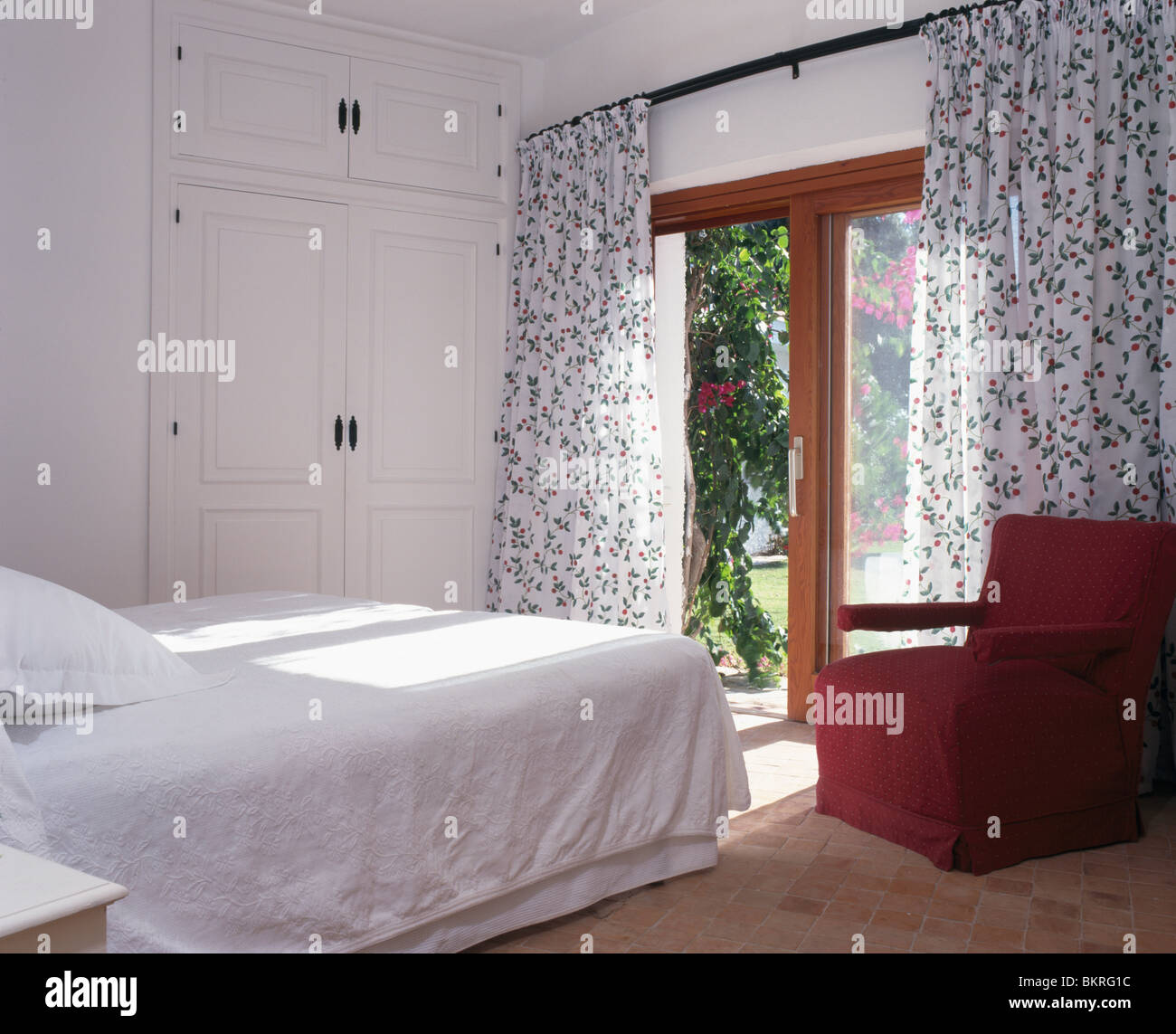 Black White Floral Curtains At French Windows In White Spanish