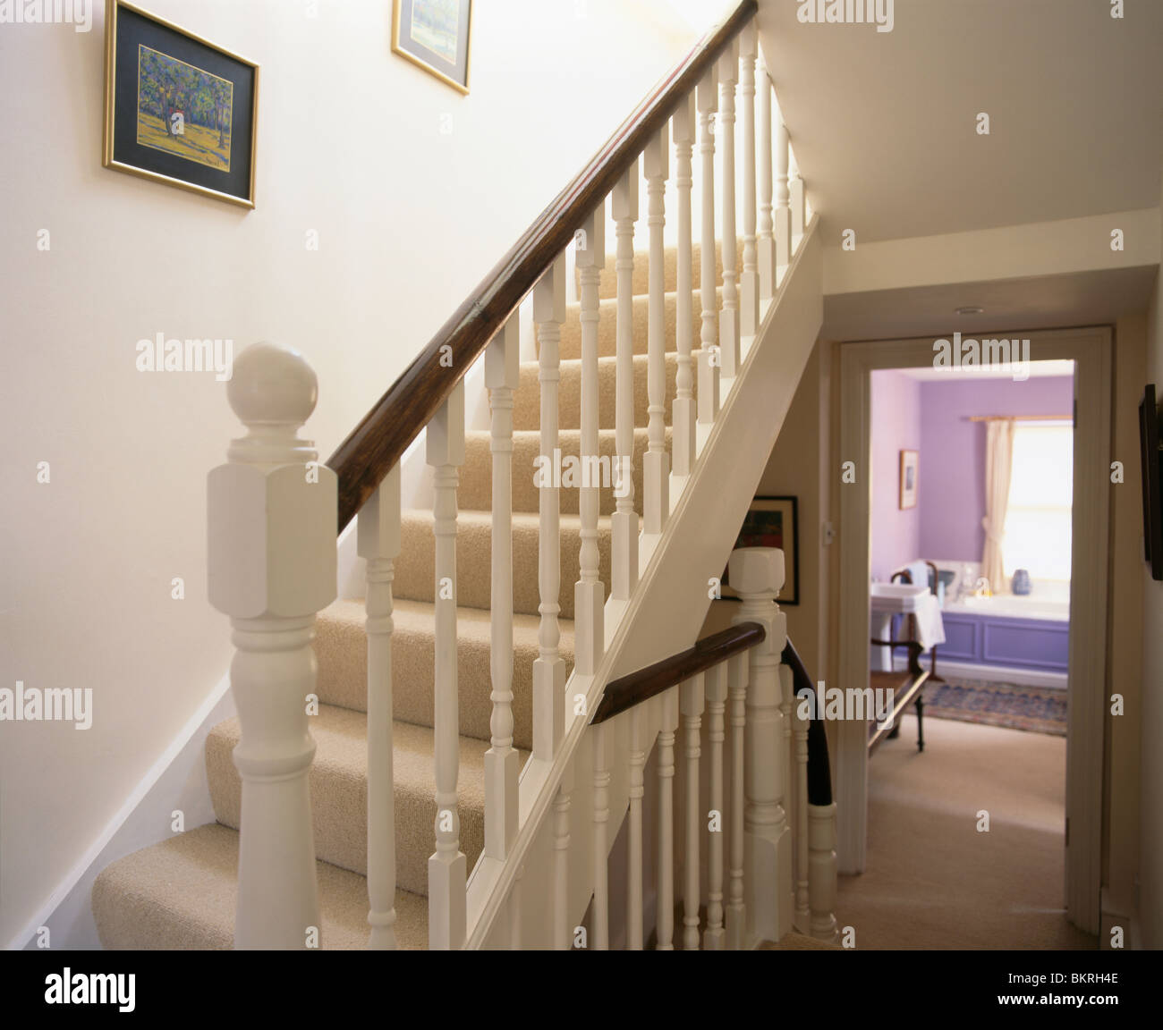 Cream Carpet On White Staircase In Traditional White Hall Stock Photo Alamy