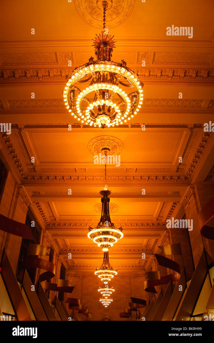 NEW YORK, NY A row of ornate art deco chandeliers in Grand Central