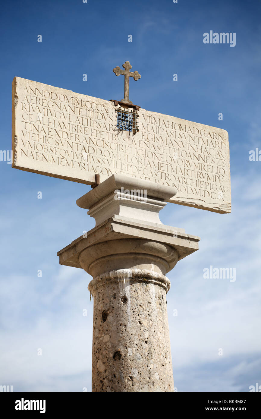 Inscribed stone cross the Alhambra, Granada, Andalusia, Spain, Europe Stock Photo