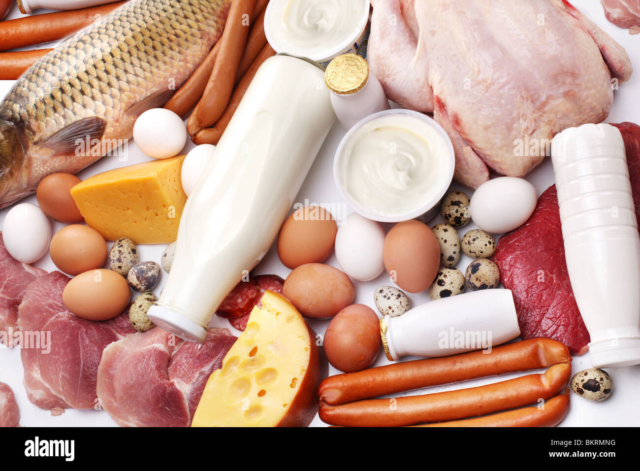 Fresh meat and dairy products. Stock Photo