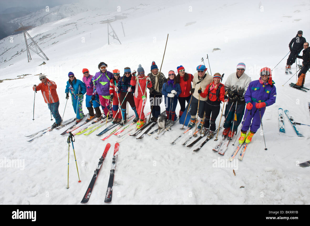 Slovakia, Jasna, group of instructors dressed up to the eighties celebrating the end of the season Stock Photo