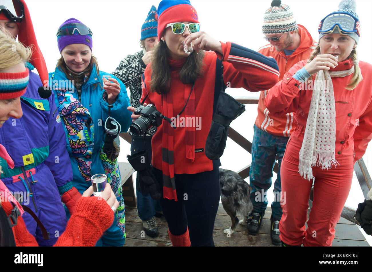 Slovakia, Jasna, group of instructors dressed up to the eighties celebrating the end of the season Stock Photo