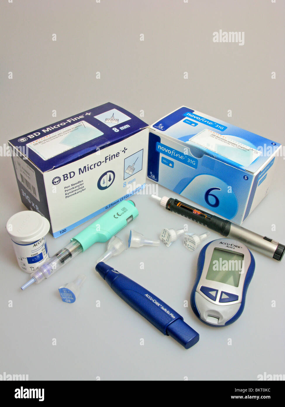 blood sugars (glucose) monitor & injection items needed for a someone suffering from diabetes Stock Photo