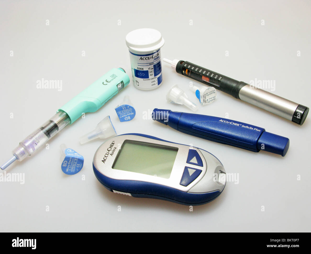 blood sugars (glucose) monitor & injection items needed for a someone suffering from diabetes Stock Photo