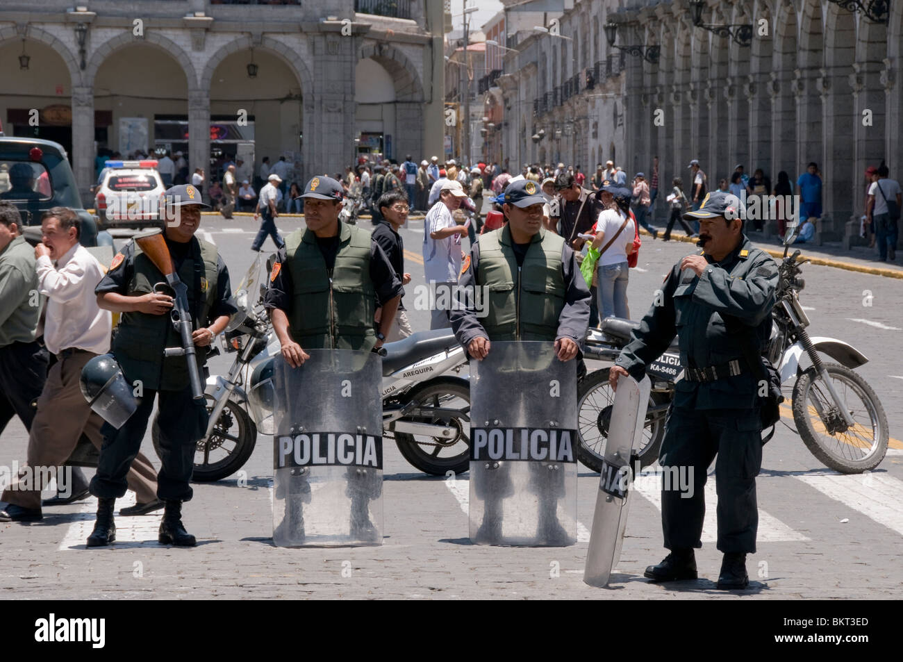 riot police at a street protest in Arequipa, Peru, by taxi drivers over rising cost of petrol Stock Photo