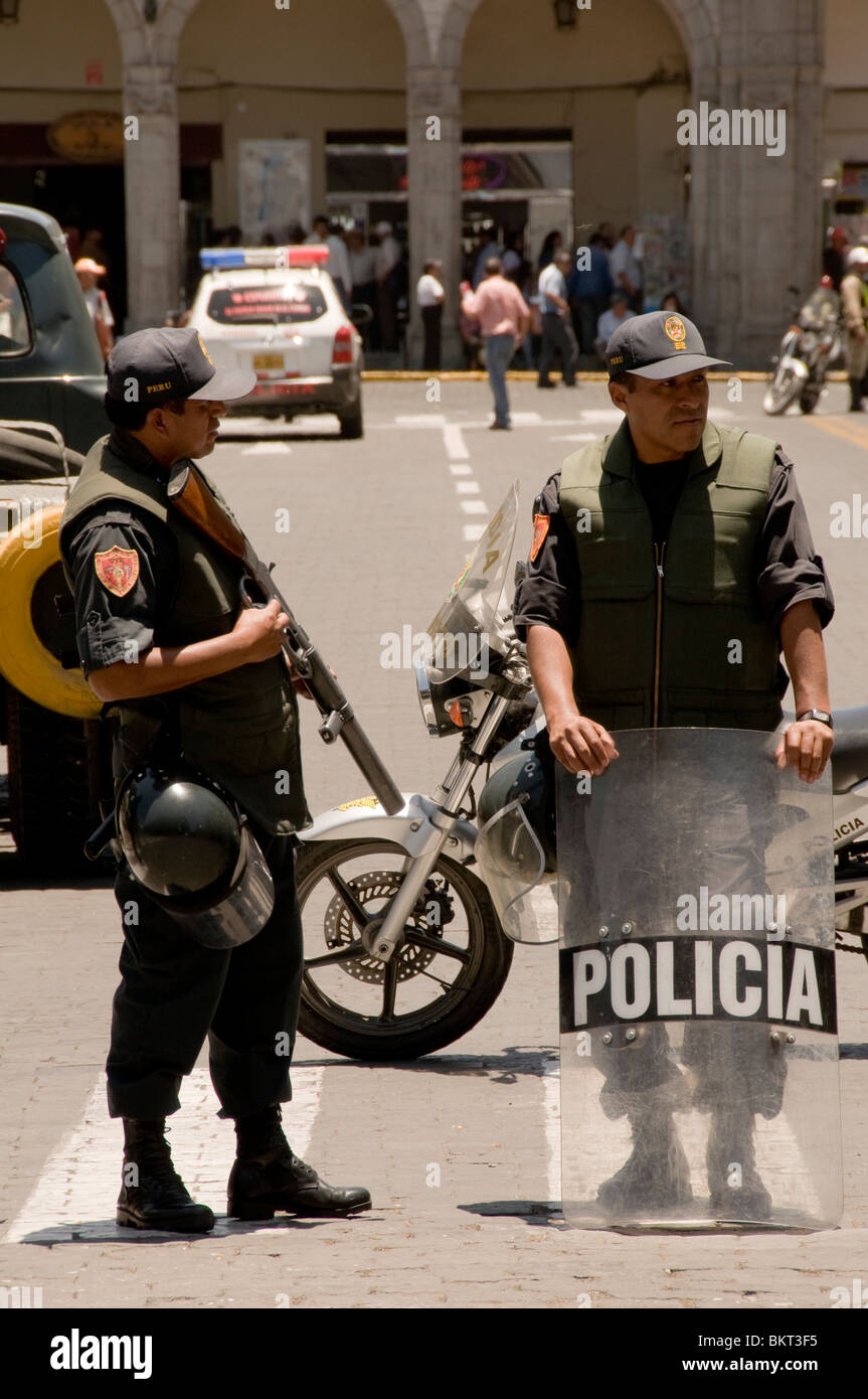 riot police at street protest in Arequipa, Peru, by taxi drivers over rising cost of petrol Stock Photo