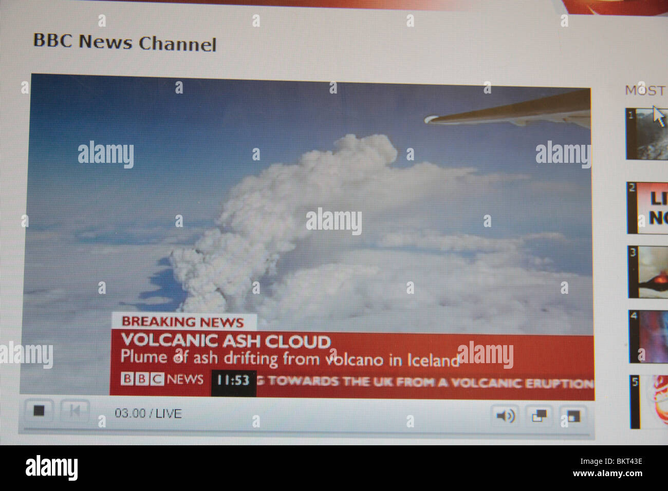 A screen shot of the BBC News channel web site during the Icelandic volcanic eruptions in April 2010 Stock Photo