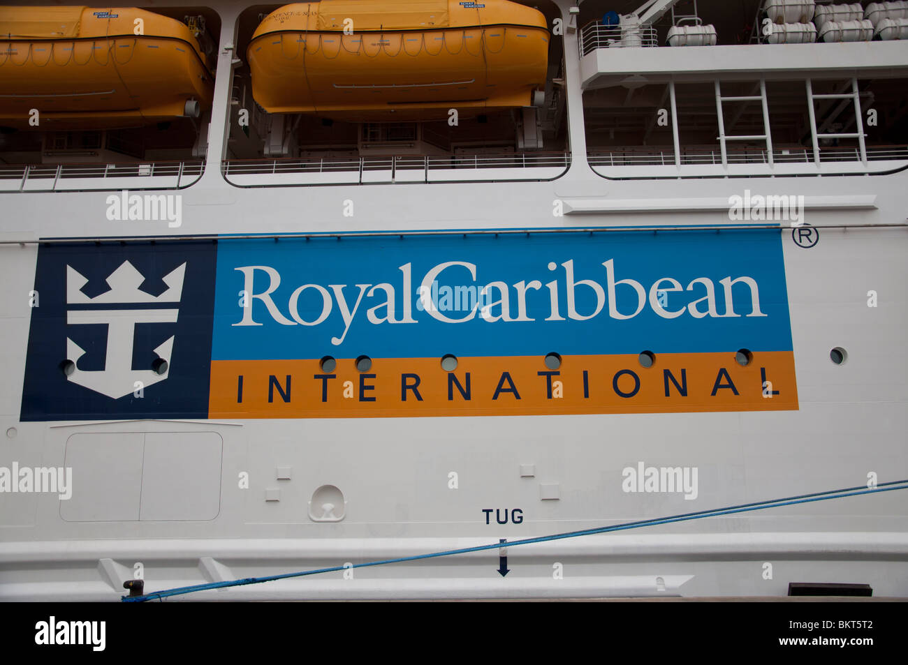 The Royal Caribbean International logo painted on the side of the Independence of the Seas cruise ship. Stock Photo
