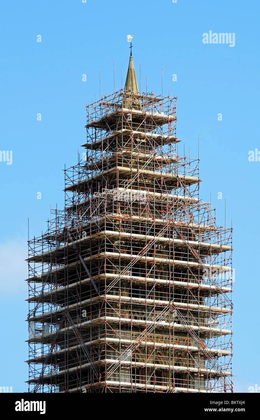 scaffolding for repairs surrounds one of the front spires on truro cathedral, cornwall, uk Stock Photo