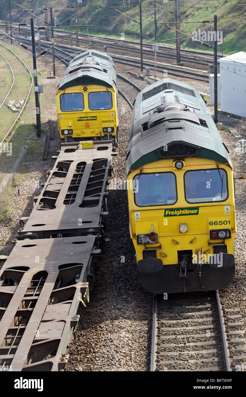 Freightliner class 66 diesel locomotives on a passing loop, East Suffolk junction, Ipswich, UK. Stock Photo