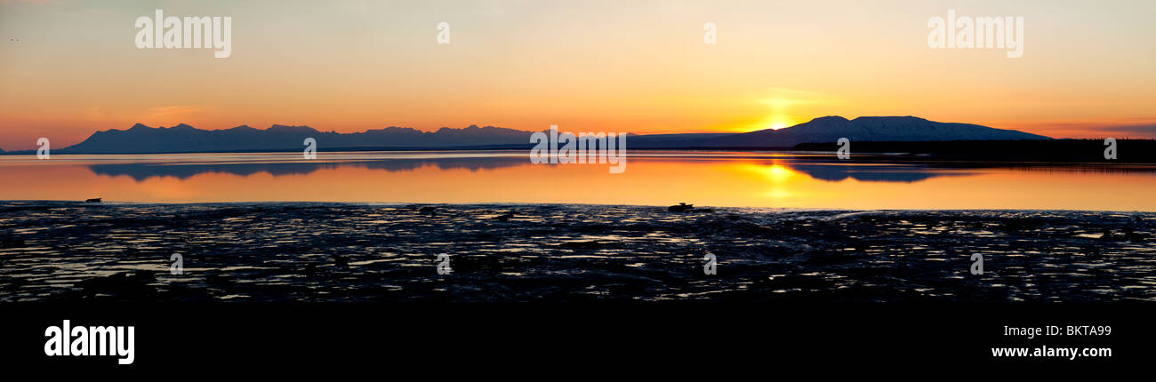 Mt. Susitna (Sleeping Lady) and the Tordrillo Mountains at sunset, spring panoramic view from downtown Anchorage with two birds Stock Photo