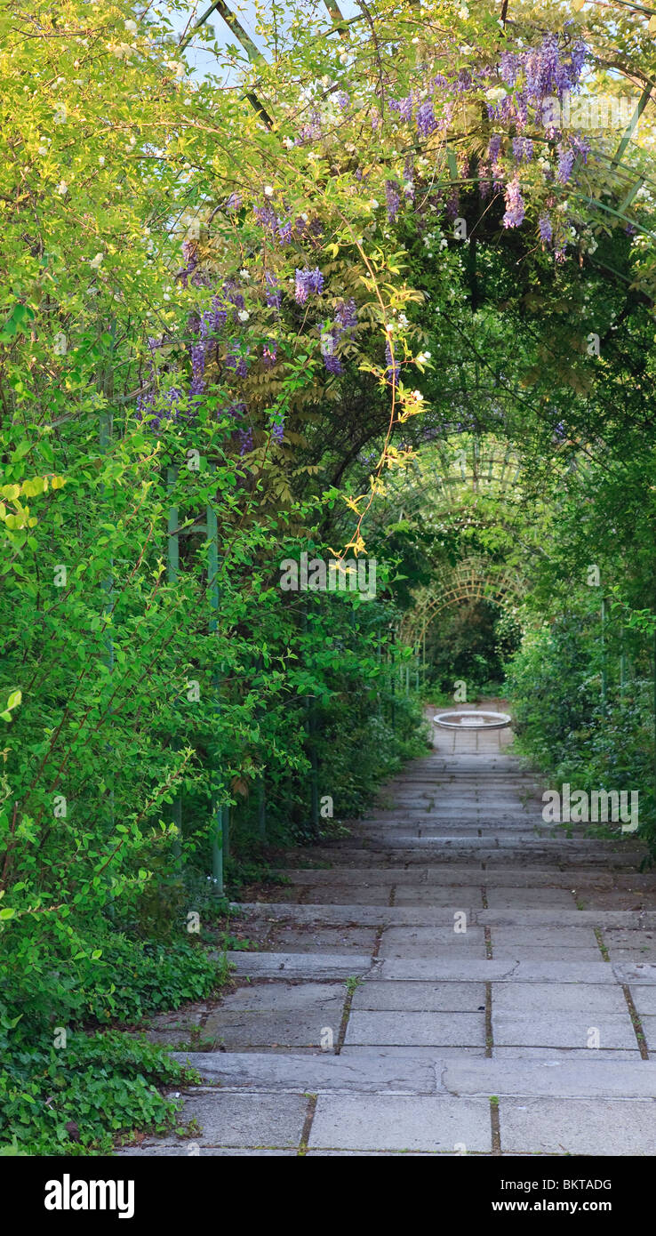Pedestrian path with stairs and small fountain in beautiful spring city ...