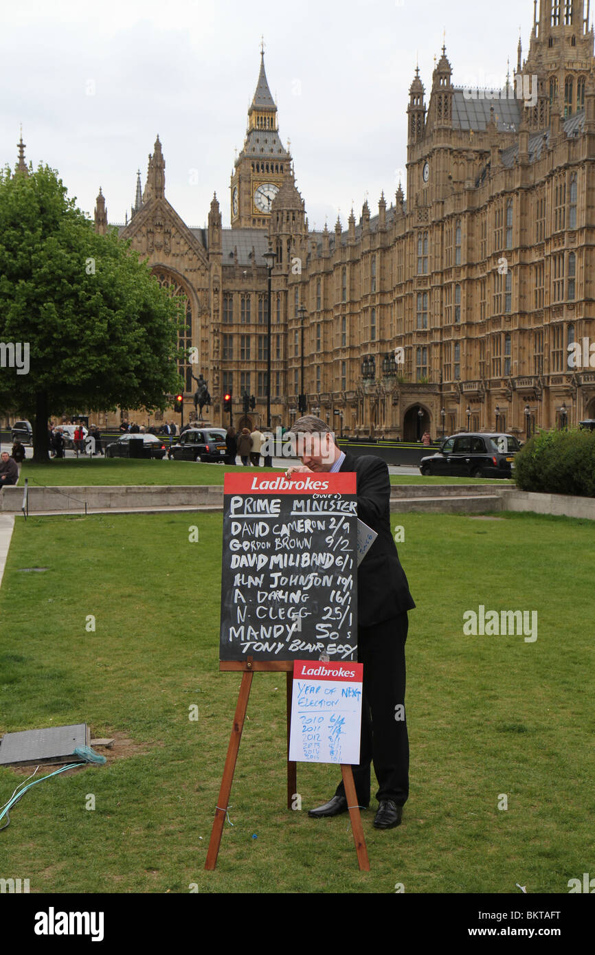 Betting odds for Prime Ministers during the UK General Election of May 6 2010 outside Parliament in Westminster. Stock Photo