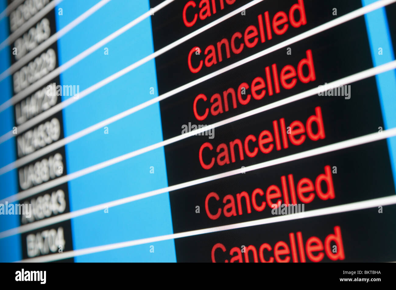 Airport Display Announcing Cancelled Flights Stock Photo