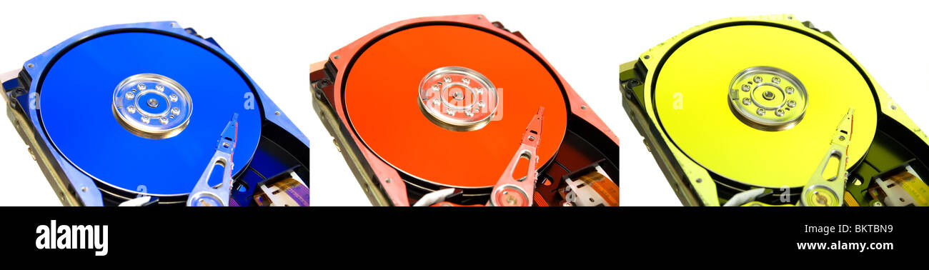 A close-up shot of the inside of a computer hard disk drive (HDD). Isolated on withe. Stock Photo