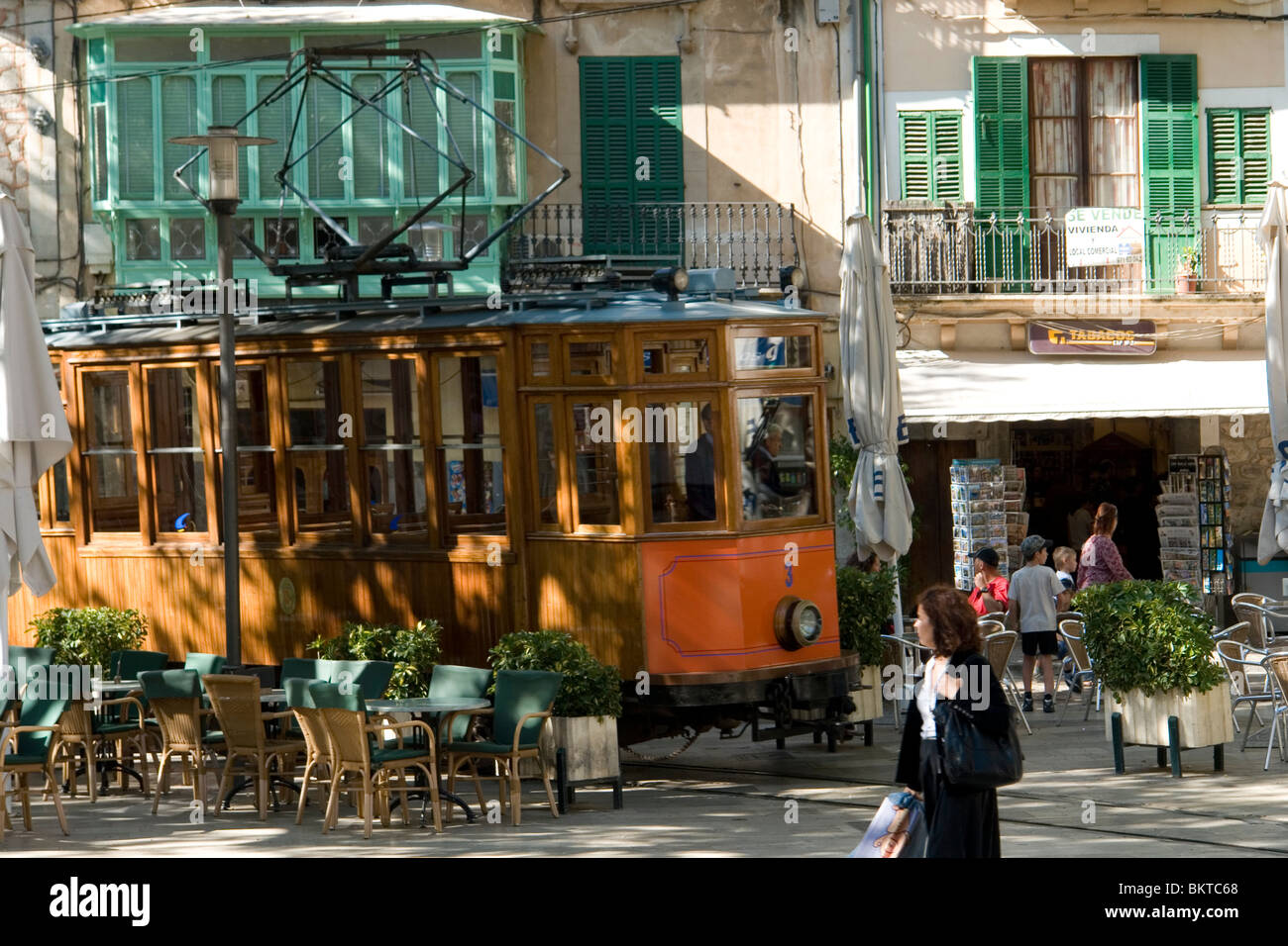 The old colourful tramway of Soller (Majorca - Spain). Le vieil et pittoresque tramway de Soller (Majorque - Espagne). Stock Photo