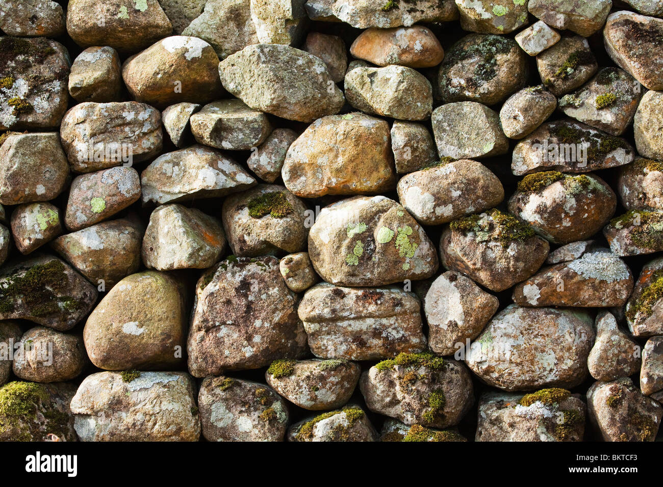 Close up of a dry stone wall, also known as a dry stone dyke, drystane dyke, drystone hedge, or rock fence Stock Photo