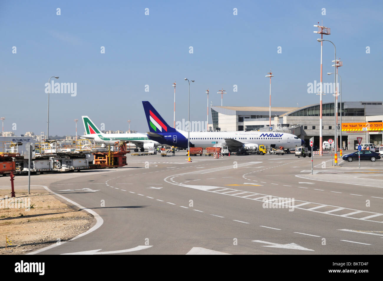 Israel, Ben-Gurion international Airport Malev Hungarian Airlines and Alitalia Passenger Jets on the ground Stock Photo